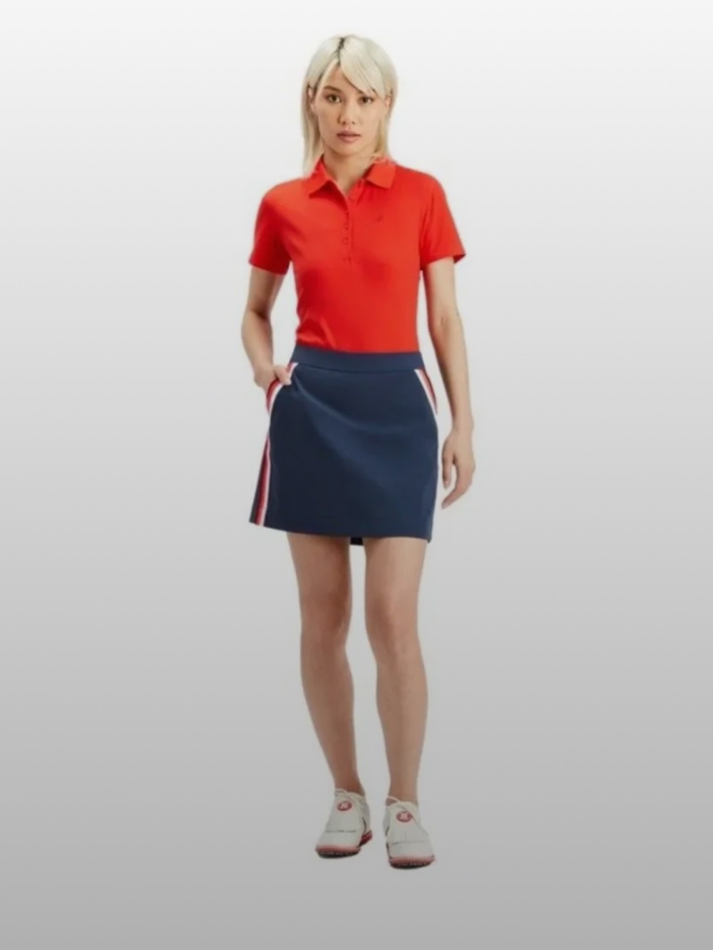 G/FORE Twilight Blue Skort with Red and White and Blue Stripe Tuxedo Skort